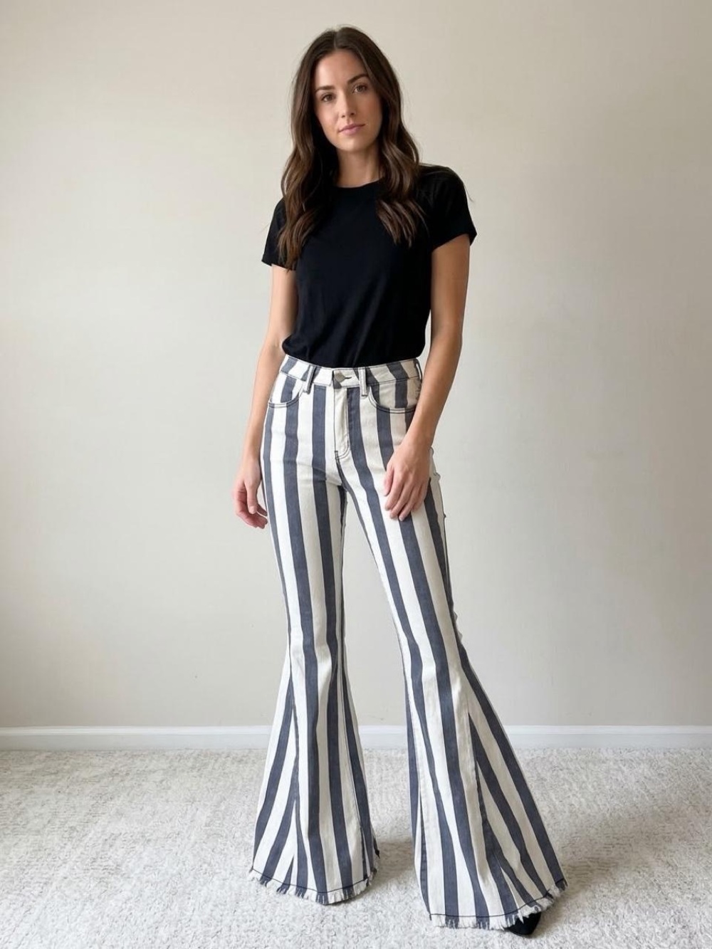 NWT Saints & Hearts Ivory & Grey Striped Flare Bell Bottom Jeans Small